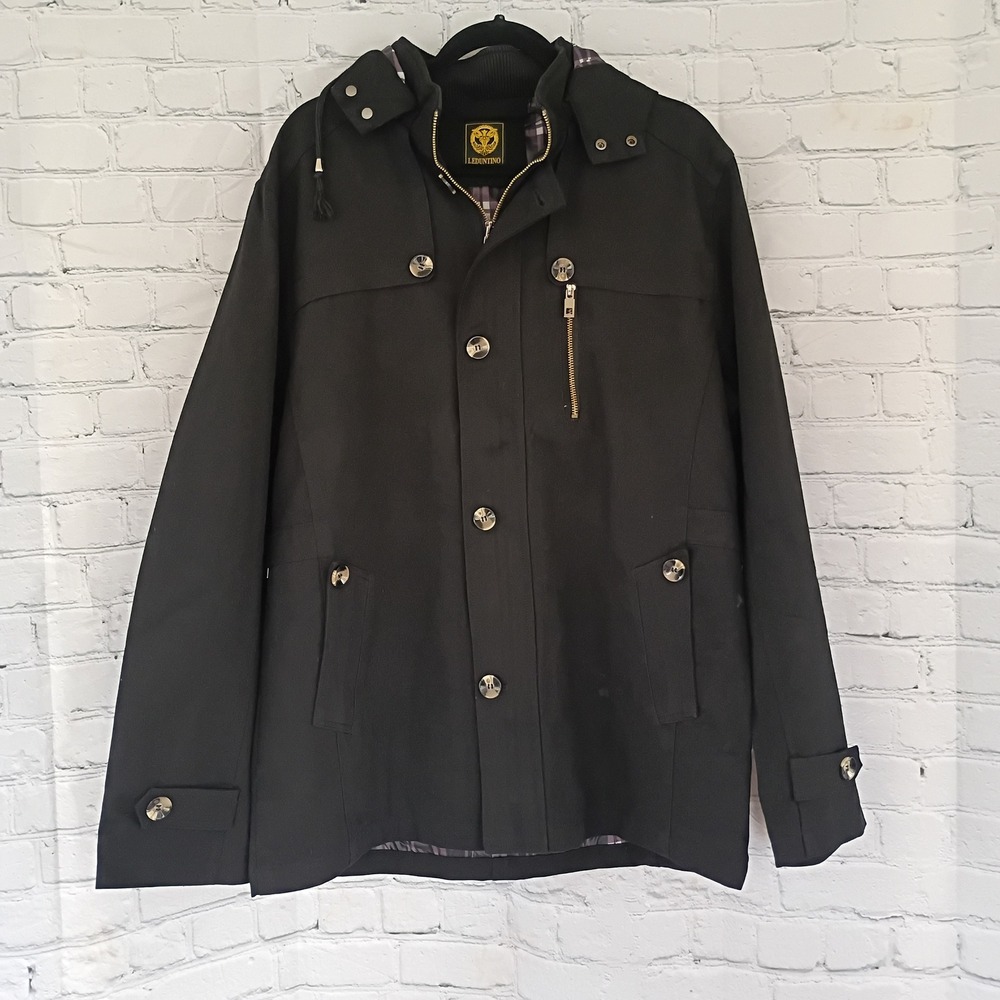 Leduntino Mens Hooded Jacket Black Plaid Lined Full Zip Button Front Size 3XL